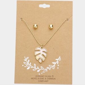 Gold Mother Of Pearl Tropical Leaf Pendant Necklace Chain Set Jewelry